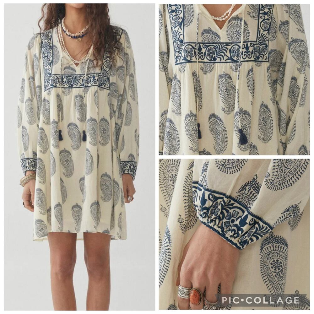 Maison Hotel Boho Tunic Top S Paisley Print Blue Cotton Peasant Blouse Indie